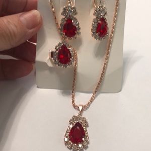 Fashion jewelry necklace earrings ring with a rose colored chain lobster clasp